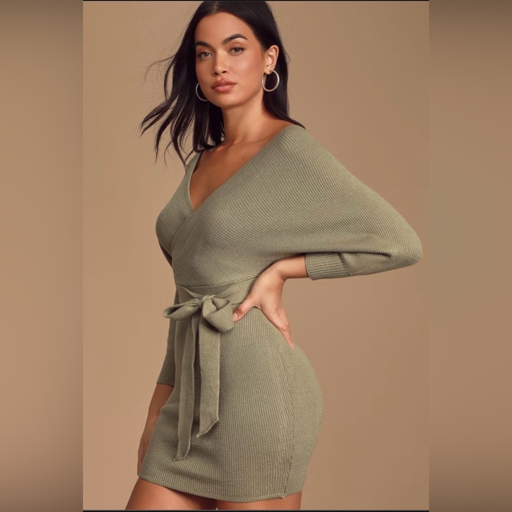 Lulus Modena Sage Green Dolman sleeve Bodycon Sweater Dress Size S